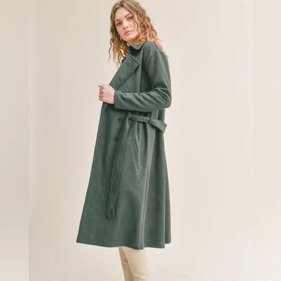 Like New, sᴀᴅɪᴇ & sᴀɢᴇ, Women's Microsuede Trench Coat I Dark Green, sᴍᴀʟʟ